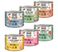 Set prova! MAC's Cat 6 x 200 g - Set %: 24 x 200 g Mix (Pollame & Mirtilli rossi/Salmone & Pollo/Vitello & Tacchino/Anatra, Tacchino, Pollo/Manzo & Cuori di pollo/Anatra, Coniglio, Manzo)