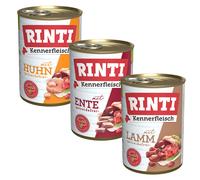 Set prova misto! 6 x 400 g RINTI Kennerfleisch Alimento umido per cani - Mix 2: Anatra, Pollo, Agnello