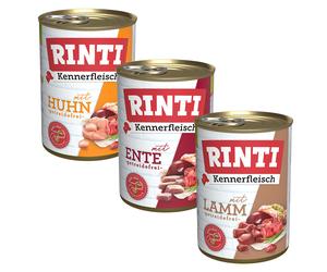 Set prova misto! 6 x 400 g RINTI Kennerfleisch Alimento umido per cani - Mix 2: Anatra, Pollo, Agnello