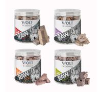 Set prova! Snack Premium liofilizzati Wolf of Wilderness - RAW - Mix: Cuori di pollo, Polmoni di agnello, Fegato di manzo, Gole di anatra 300 g