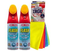 SET: Pulitore Per Interni Auto FLASH Pulitore a Secco, Ideale Per Smacchiare i Sedili In Tessuto e Rimuovere Odori, Con Spazzola Integrata 400ml + Confezione Da 5 Panni In Microfibra (2xFlash+Panni)