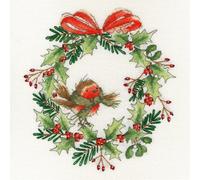 Set punto croce Bothy Threads "Red Robin Wreath", 26x26cm, xx14, schema da conta