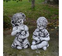 Set ragazzo e ragazza statua in pietra 24/26 cm 8 kg grigio cemento bianco an...