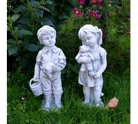 Set ragazzo e ragazza statua in pietra 42/43 cm 12 kg grigio cemento bianco a...
