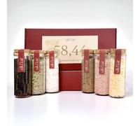 Set regalo 6 sali pregiati Silkflair "58,44, La bellezza del sale” | Special Edition gourmet con sali decorativi e aromatici (nero e verde Hawaii, piramidale, affumicato ciliegio, Syrah, aglio)