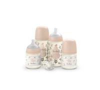 Suavinex, Set di Biberon per Neonati, Confezione Regalo: 2 Biberon da 270 ml + 2 Biberon da 150 ml + Ciuccio 0-6 Mesi, Tettarelle Fisiologiche SX Pro in Silicone, 5 Pz, +0M, Birdies Rosa