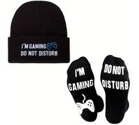 Set regalo con berretto e calzini con scritta "I'm Gaming Do Not Disturb", 2 pezzi, con cappello e calzini in maglia per i giocatori, regalo ideale per gli amanti dei giochi, 1 cappello nero + 1 paio