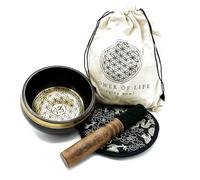 Set regalo con campana tibetana battuta e incisa a mano, 14 cm (fiore della vita)