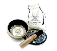 Set regalo con ciotola tibetana frullata e incisione a mano, 14 cm, fiore di loto con mazzo, tappetino ricamato e sacchetto di cotone biologico per meditazione, yoga, reiki, guarigione frequenze