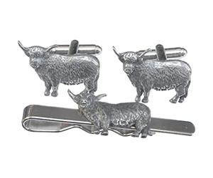 Set regalo con gemelli e fermacravatta a forma di mucca Highland