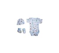 Set regalo da 3 pezzi per neonati, con tutina, berretto e scarpine in cotone stampato blu.