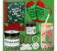 Set regalo da 5 pezzi per amanti dei sottaceti, biglietti di affermazione, bicchiere, candela profumata e altro ancora, divertente regalo di laurea, compleanno e Natale per donne e uomini