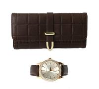 Set regalo da donna con orologio in pelle e portafoglio a tre pieghe, marrone scuro
