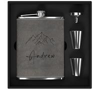 Set regalo da uomo con fiaschetta personalizzata in acciaio inox 304, per whisky, alcol, con incisione personalizzata con icona "Montagna", per caccia, viaggi, escursionismo, arrampicata (grigio)