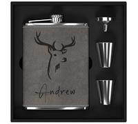 Set regalo da uomo con fiaschetta personalizzata in acciaio inox 304, per whisky, alcol, con incisione personalizzata con icona "cervo", per caccia, viaggi, escursionismo, arrampicata (grigio)