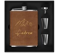 Set regalo da uomo con fiaschetta personalizzata in acciaio inox 304, per whisky e alcol, con incisione personalizzata con icona "Montagna", per caccia, viaggi, escursionismo, arrampicata (marrone)