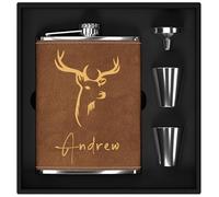 Set regalo da uomo con fiaschetta personalizzata in acciaio inox 304, per whisky e alcol, con incisione personalizzata con icona "cervo", per caccia, viaggi, escursionismo, arrampicata (marrone)