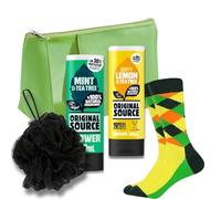 Set regalo da uomo - Original Source Zesty Lemon & Tea Tree + gel doccia Zingy Lime (250 ml), luffa doccia, calzini colorati da uomo e borsa da toilette in microfibra verde brillante - regalo perfetto