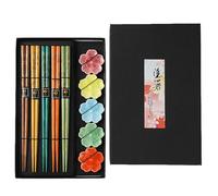 Set Regalo Di Bacchette, 5 Paia Di Bacchette Di Bambù Naturale Riutilizzabili Con Poggia Bacchette, Giapponesi Premium Posate Asiatiche(Fiore d'oro)