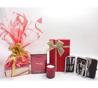Set regalo di lusso per lui, Red Hot Man 100 ml EDT per lui, kit di 6 strumenti per manicure, cesto regalo con candele profumate