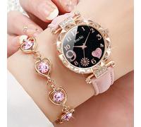 Set regalo di orologio da polso al quarzo con quadrante a forma di cuore decorato con strass e bracciale a forma di cuore con strass per donne, adatto come regalo per studenti che tornano a scuola per