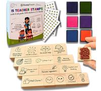 Set regalo di timbri per insegnanti, 15 timbri in gomma in legno di faggio con tamponi di inchiostro, adesivi ed e-book, elementi essenziali per la classe per insegnanti, forniture per insegnanti