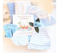 Set regalo essenziale per neonato e libro dei ricordi, per baby shower e regali per i nuovi genitori, 0-3 mesi ragazzo blu gilet calzini cappello guanti Welcome to The World