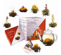 Set Regalo Fiori di Tè - 'Erblühtee' con Barattolo di Vetro da 500ml e 6x Tè Bianco e Nero + Extra di Teelini Nero