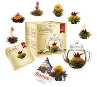 Set Regalo Fiori di Tè - 'Erblühtee' con Barattolo di Vetro da 500ml e 6x Tè Bianco, Nero, Verde + Extra di Teelini Nero