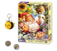 Set regalo Gnome Worries Bee Happy: puzzle da 500 pezzi, portachiavi a forma di ape all'uncinetto giallo brillante e nero e due gettoni in metallo (senza preoccupazioni, non preoccuparti, sii felice)
