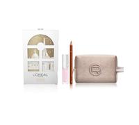 Set regalo L'Oréal Paris, Lucidalabbra Plump Ambition 101 Crystal Clear, Matita Labbra Color Riche 236 Organza, Pochette Champagne in velluto.