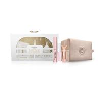 Set regalo L'Oréal Paris Mascara Nero Big Deal, Lucidalabbra Plump Ambition 101 Crystal Clear, Mini Lumi Glotion 903 Medium Glow, e un'elegante Beauty champagne in velluto