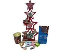 Set Regalo Natalizio con Decorazione Albero natale in Legno 36cm, barretta di Cioccolato al Latte e Nocciola 100g, Crema Nougatine 200g, 6 Cioccolatini Assortiti, Confezionato con Decori Natalizi
