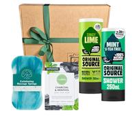 Set regalo natalizio da uomo - Original Source Zingy Lime & Tee Tree & Mint Shower Gels, maschera viso carbone, spugna doccia e spazzola per unghie in legno - regalo rinfrescante per lui