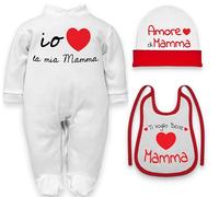 Set Regalo Neonato "Io amo la mia mamma" - Cappello, Bavetta e Tutina caldo cotone 9 mesi