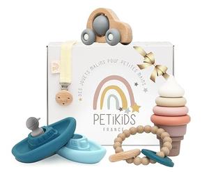 Set Regalo Neonato Montessori - Giochi Educativi Legno e Silicone Bebè 3-36 Mesi - Torre Impilabile, Anello Dentizione, Macchinina, Giochi Bagnetto - Idea Regalo Bambino