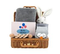 Set Regalo Neonato Unisex, Cestino portaoggetti con Sonaglio, Asciugamano da Bagno, Coperta di Sicurezza, Panno per il ruttino, Biglietto d'auguri, Regali per la nascita e per la festa bebè, Grigio