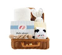 Set Regalo Neonato Unisex, Cestino portaoggetti con Sonaglio, Asciugamano da Bagno, Coperta di Sicurezza, Panno per il ruttino, Biglietto d'auguri, Regali per la nascita e per la festa bebè, Bianco