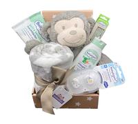 Set regalo per baby shower, nascita, con personalizzazione/coperta, spazzola e pettine con nome + peluche + altri extra - regalo per battesimo, nascita (grigio/bianco - set di scimmie S)