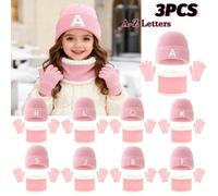Set regalo per bambini da 3 pezzi, include: 1 berretto lavorato a maglia con 26 lettere ricamate, 1 scaldacollo in pile abbinato e 1 guanti senza dita lavorati a maglia, set invernale morbido e traspi