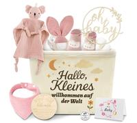 Set regalo per bambini e ragazze, per neonati, baby shower, nascita, set regalo per bambini, con panno koala, in legno, biglietti miliari, calze, bavaglini, cartello in legno e biglietto regalo - rosa