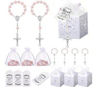 Set regalo per battesimo da 100 pezzi, include 25 mini rose con grani di preghiera per battesimo, 25 sacchetti con coulisse, 25 biglietti di ringraziamento in carta kraft e 25 scatole regalo rosa per 