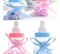 Set regalo per battesimo del bambino da 12/24 pezzi - Bottigliette di plastica trasparente mini con fiocco rosa, contenitore per caramelle ellittico in PVC, adatto per decorazione feste neonati, omagg