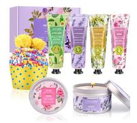 Set regalo per donne, set regalo di Natale con 4 creme per le mani, 2 candele profumate, 1 calzino, divertenti regali di benessere per donne, mamma, San Valentino, festa della mamma, compleanno