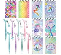Set regalo per festa a tema sirena da 16 pezzi - Comprende 8 quaderni a tema marino e 8 penne a forma di sirena con design a stella marina, illustrazioni vivaci di sirene, materiale in plastica e cart