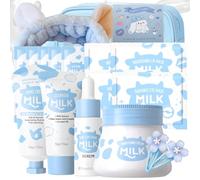 Set regalo per la cura della pelle del latte per ragazze adolescenti, set e kit per la cura della pelle del latte con detergente, siero, crema, cura mani, occhi e labbra, fascia, fermaglio per capelli
