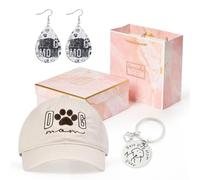 Set regalo per la festa della mamma con cane e mamma, cappello ricamato, portachiavi per mamma e cane, orecchini in pelle con confezione regalo, perfetto per la festa della mamma, compleanno per gli