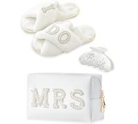 Set regalo per la sposa con borsa per il trucco I Do Bride, pantofole, accappatoio da sposa, clip per capelli da sposa, regali di nozze, bianco, Regali per la sposa