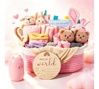 Set regalo per neonato con torta di pannolini Neutro Set per neonato da 32 pezzi con coniglietto di peluche e biglietto d'auguri in un cestino intrecciato baby shower e battesimo