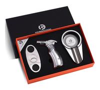 Set regalo per sigari classici Set da 3 pezzi, accendino a torcia a butano, tagliasigari a doppia lama e posacenere per sigari portatile (carburante non incluso) (Color : Silver2)